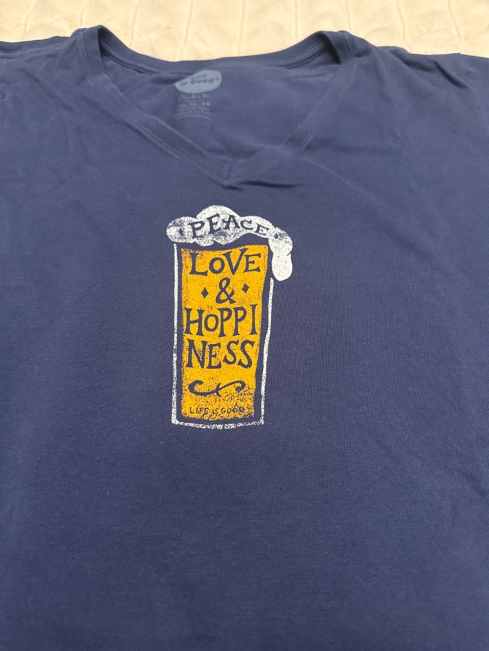 Life Is Good Navy V‑Neck Short Sleeve Tee with Yellow Beer Graphic - Picture 3 of 7